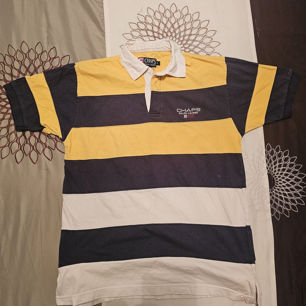 Chaps Men's Polo Shirt with Yellow, Blue, and White Stripes